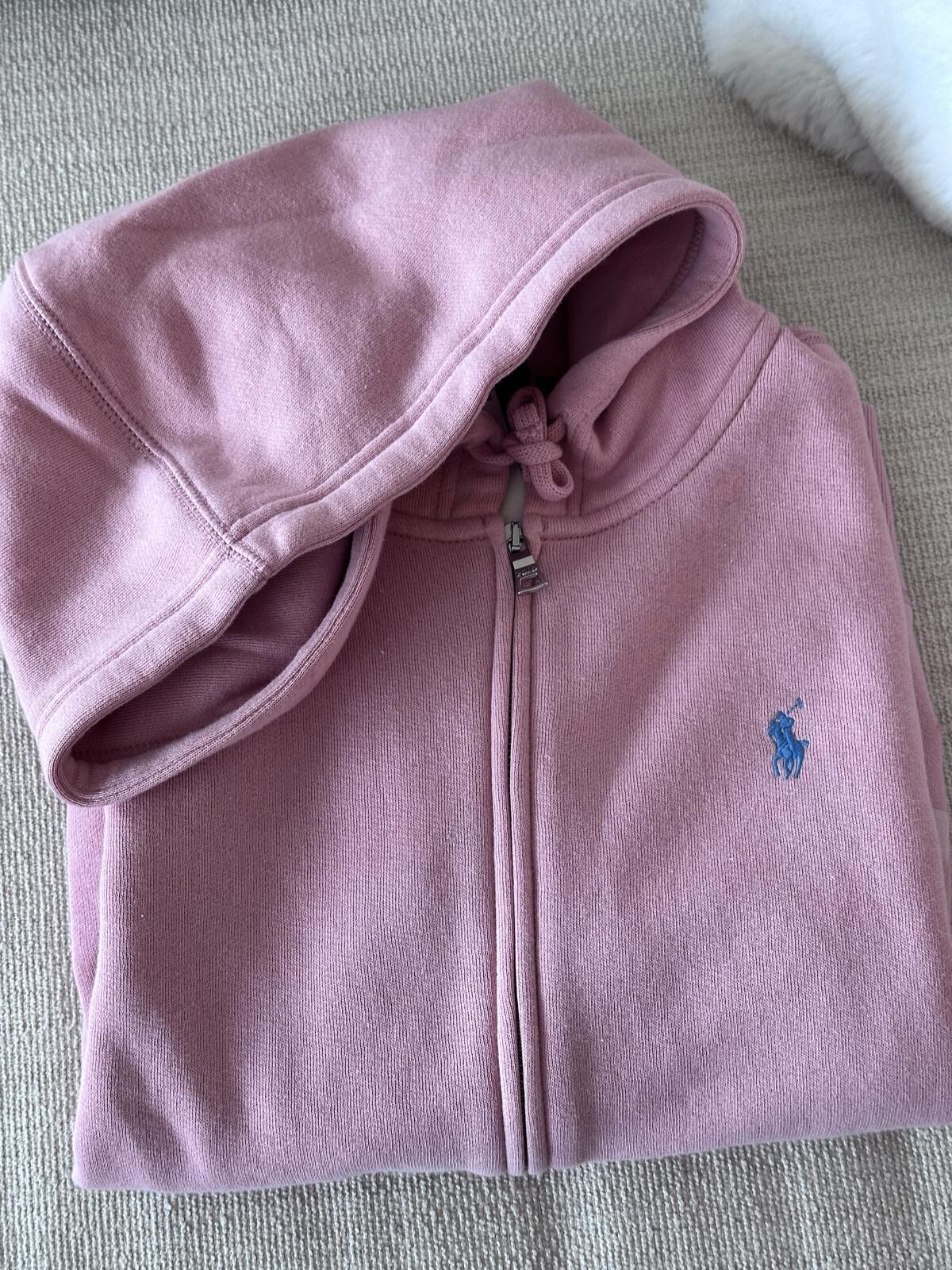 RY24 Polo RL 粉紅色有帽抓毛拉鏈外套 (藍色馬仔)  (S=約 胸40", 長22.5")