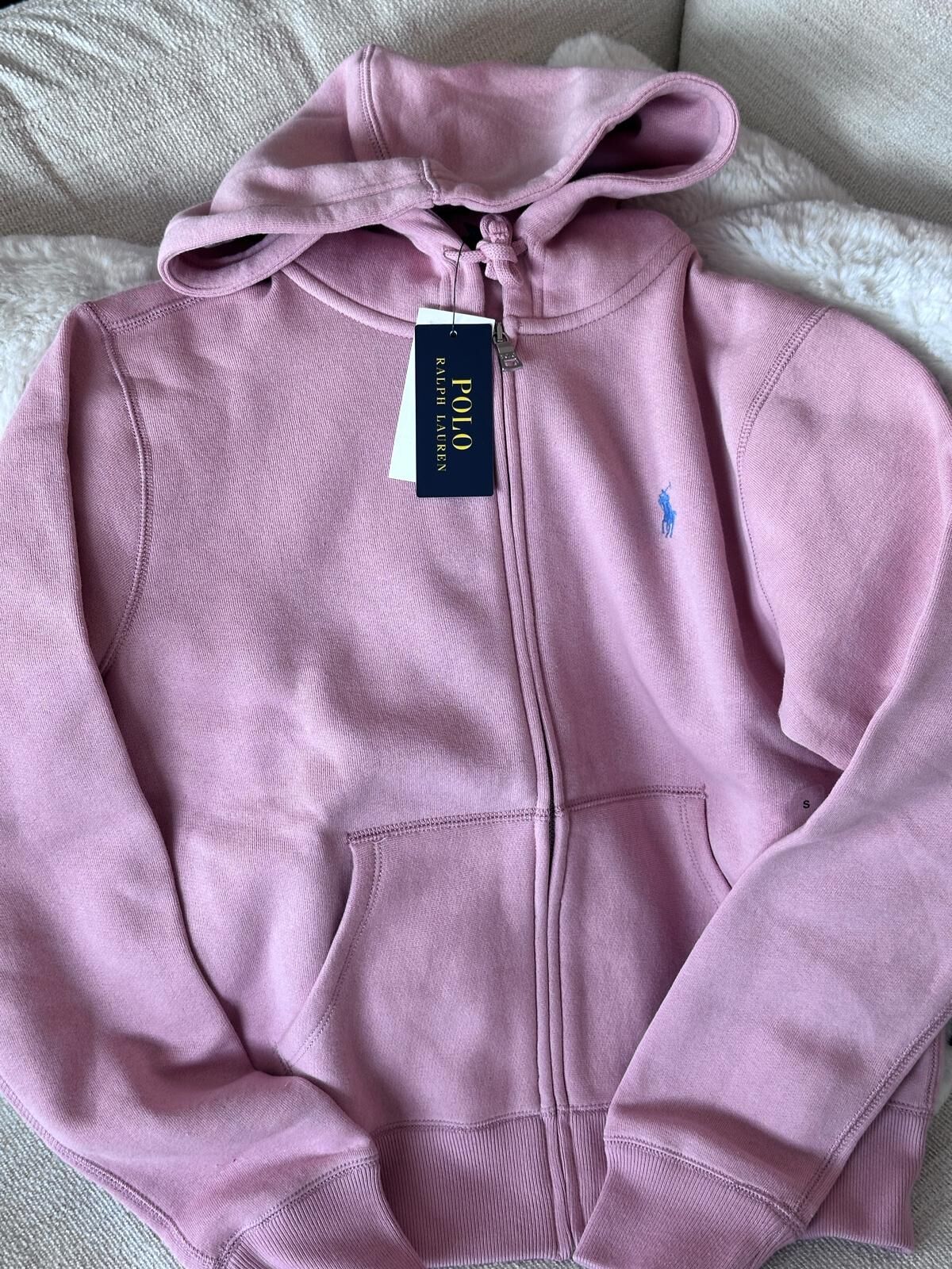 RY24 Polo RL 粉紅色有帽抓毛拉鏈外套 (藍色馬仔)  (S=約 胸40", 長22.5")