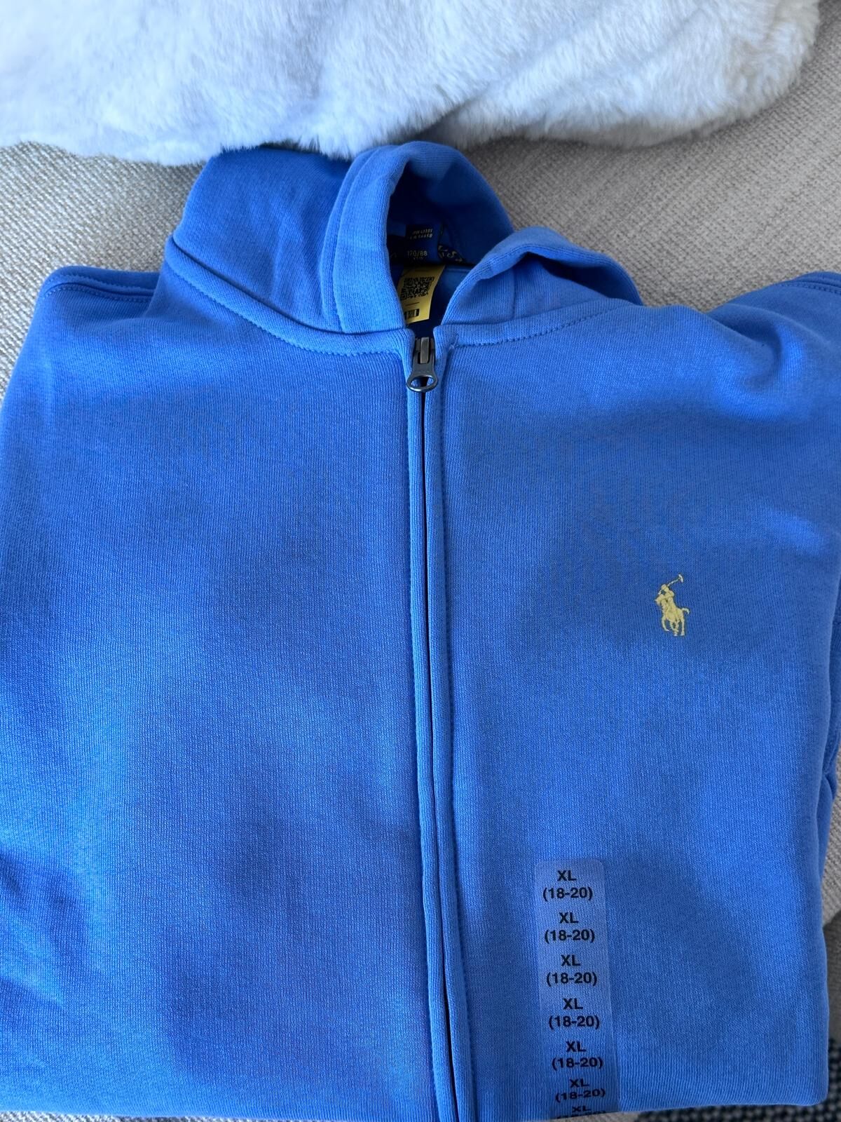 RY25 Polo RL 男童 藍色有帽抓毛拉鏈外套 (黃色馬仔)