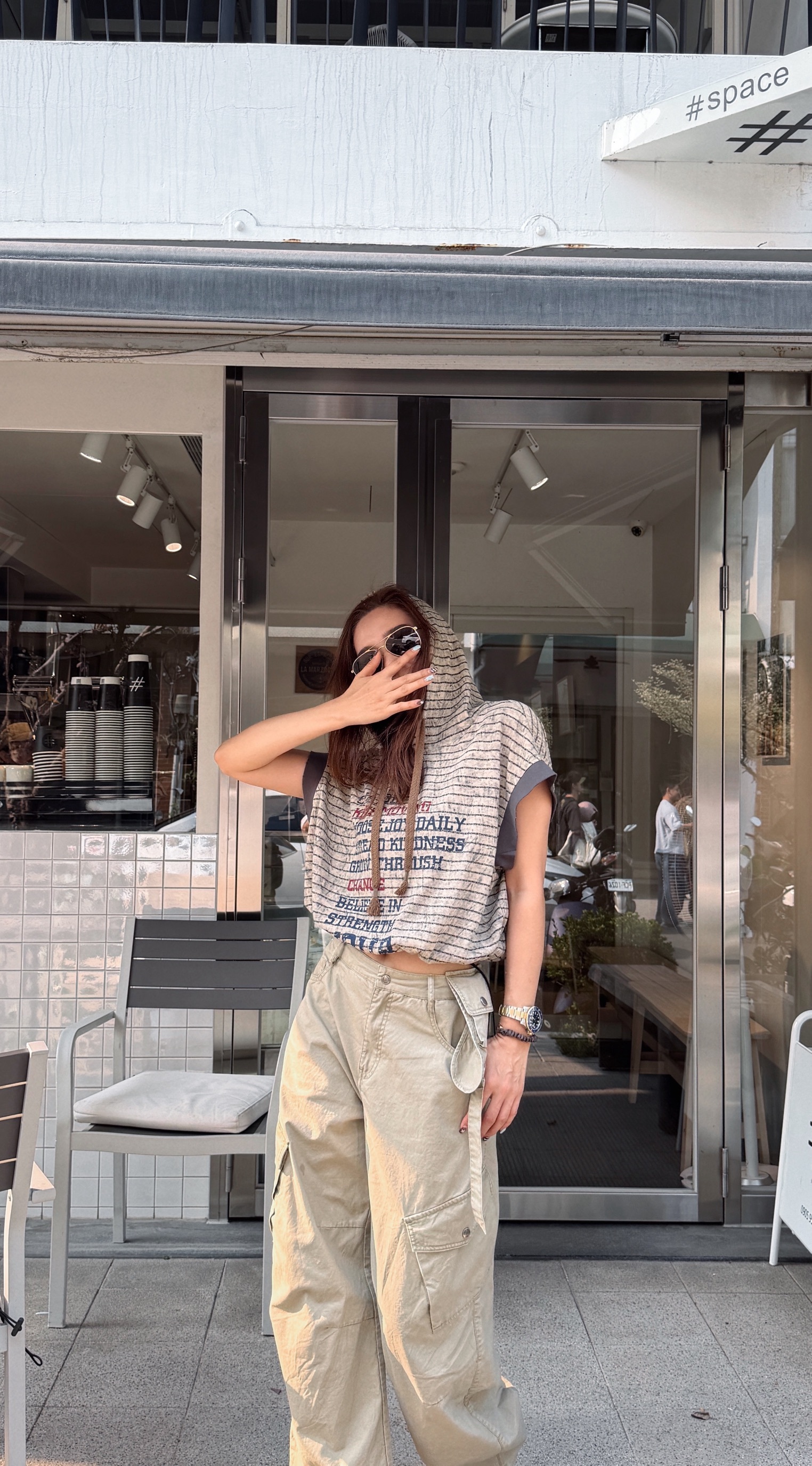 chance條紋連帽寬版背心