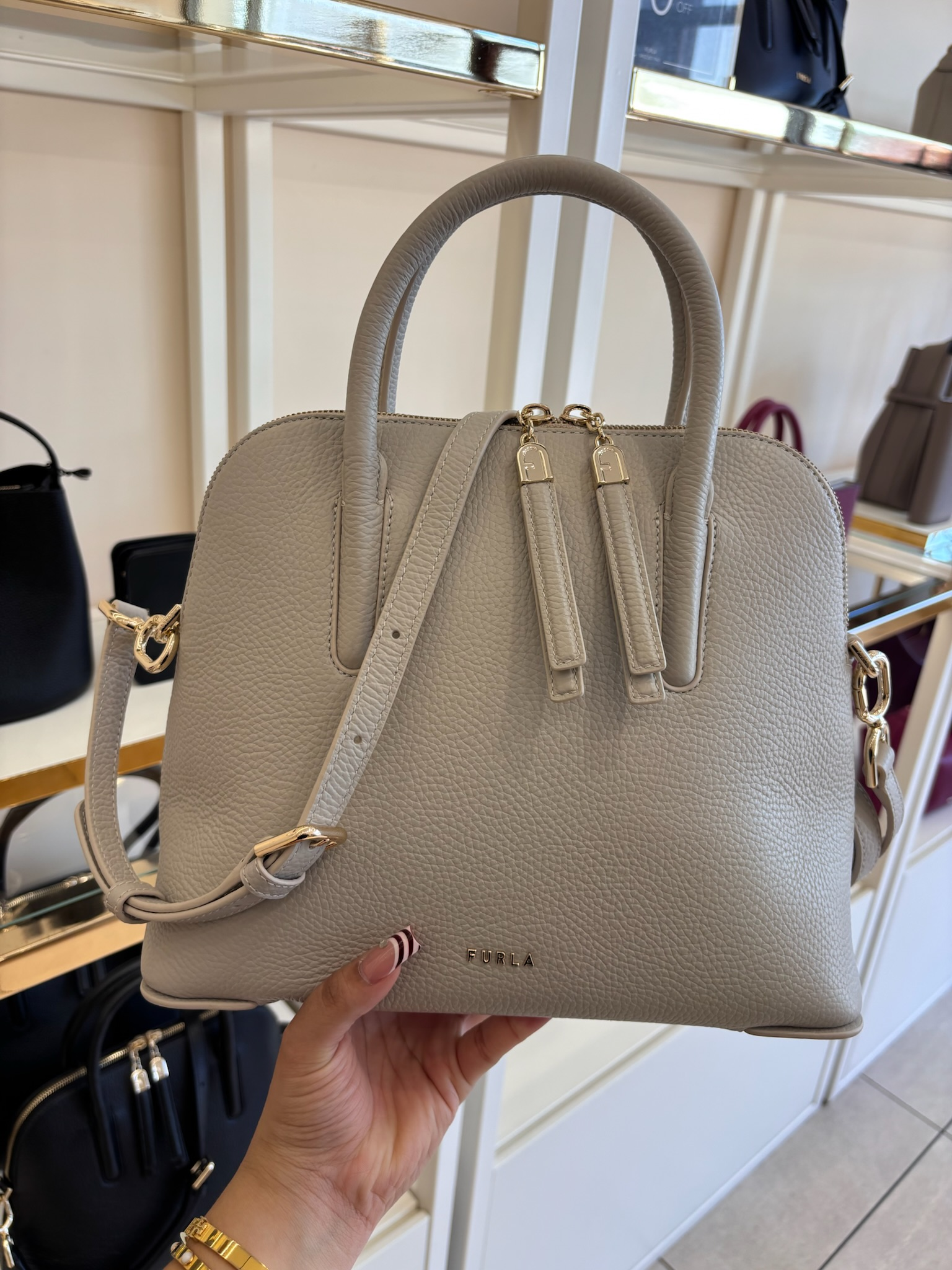 【預購】FURLA H040474 荔枝紋牛皮雙拉鍊手提斜背貝殼包
