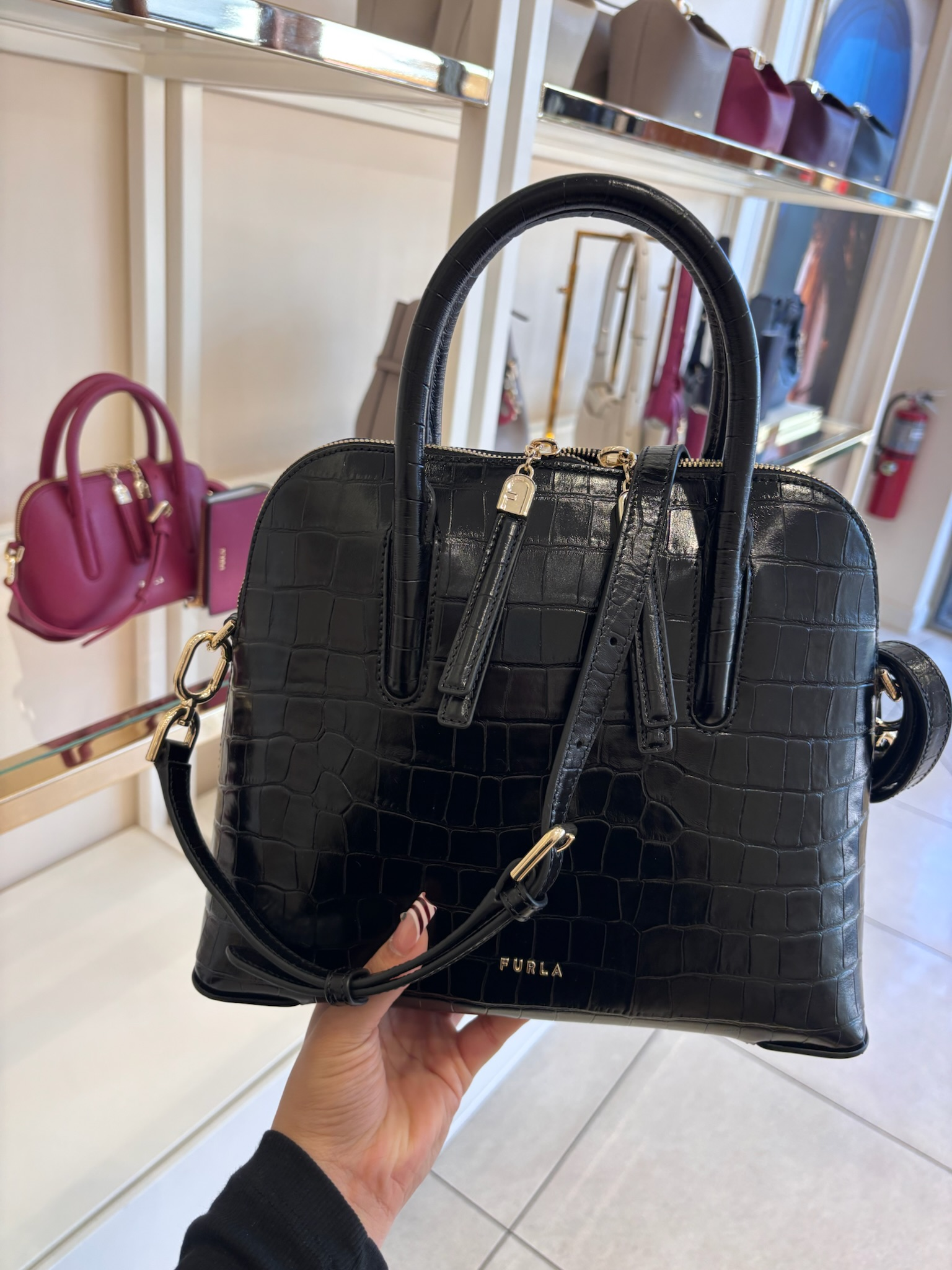 【預購】FURLA H040475 鱷魚紋牛皮雙拉鍊手提斜背貝殼包