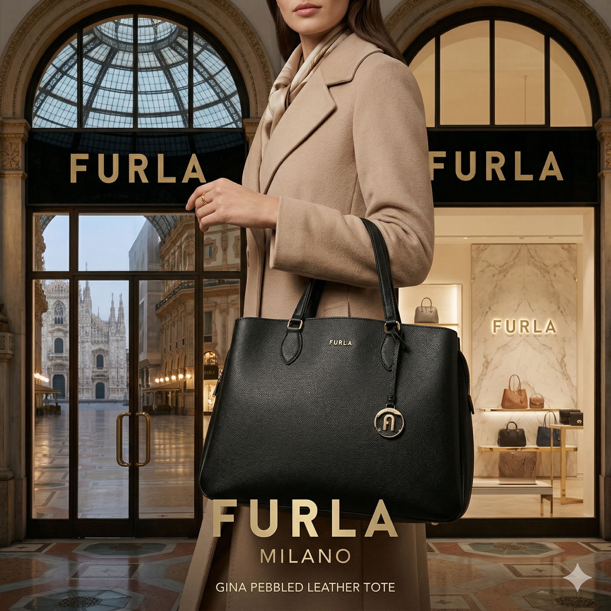 【預購】FURLA H040462 黑色荔枝紋牛皮吊飾托特包