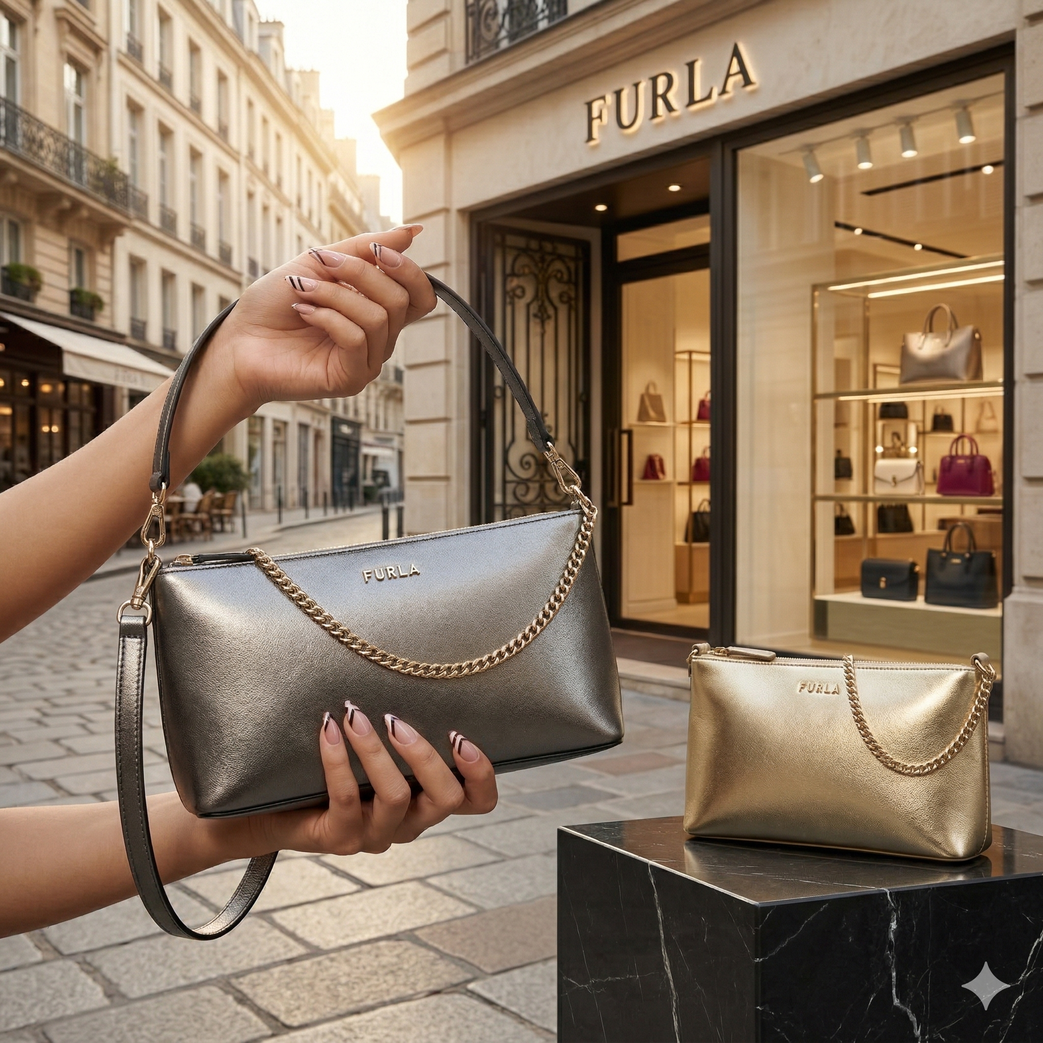 【預購】FURLA H040464 金屬光澤平滑牛皮鍊條裝飾手提包