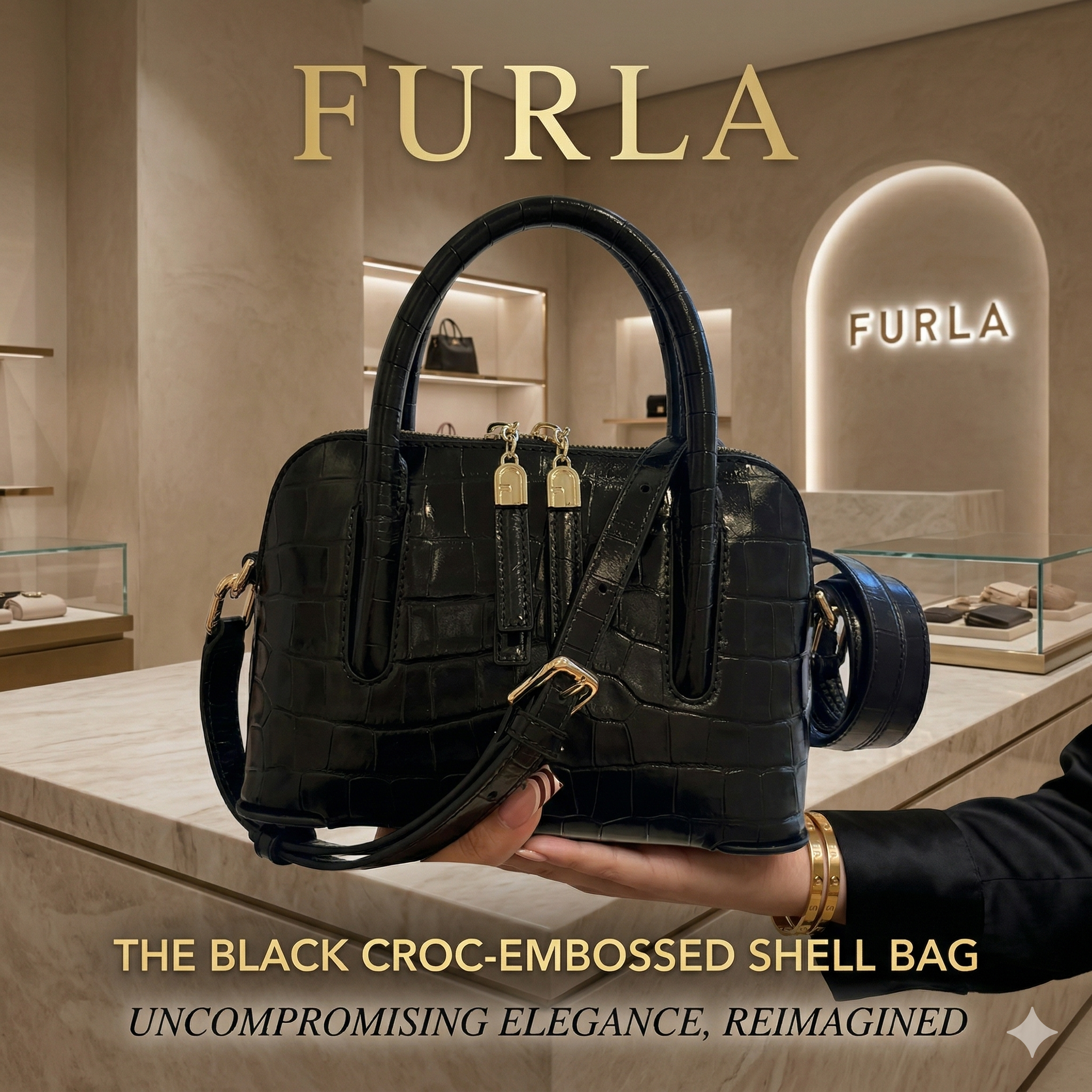 【預購】FURLA H040472 黑色鱷魚紋牛皮雙拉鍊手提斜背貝殼包