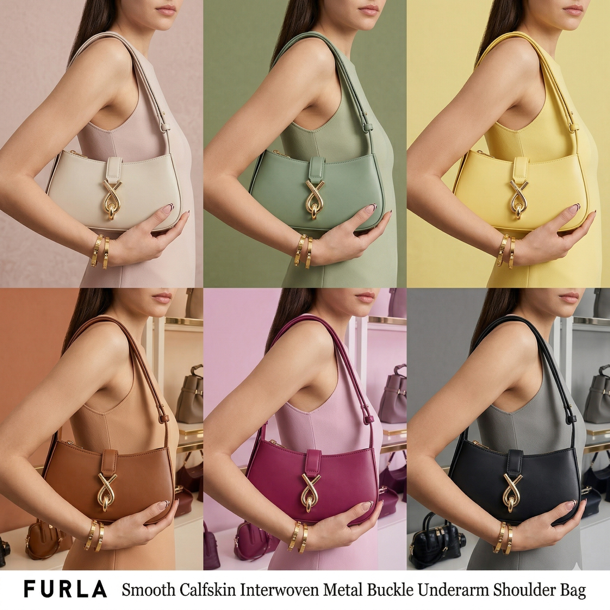 【預購】FURLA H040470 平滑牛皮交織金屬扣腋下單肩包