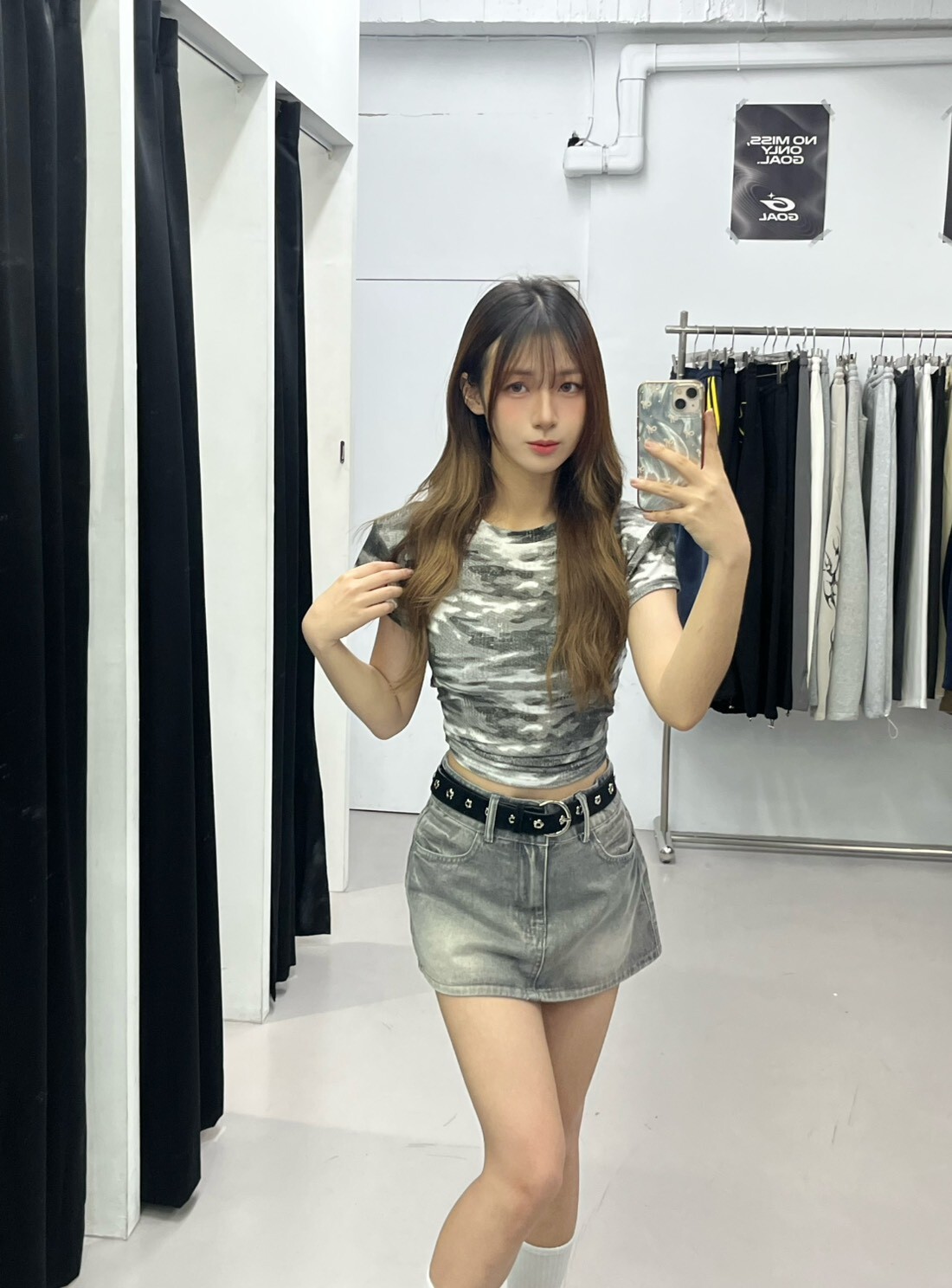 (GOAL)復古刷色雙扣牛仔短裙 附皮帶 （安全褲設計 919233