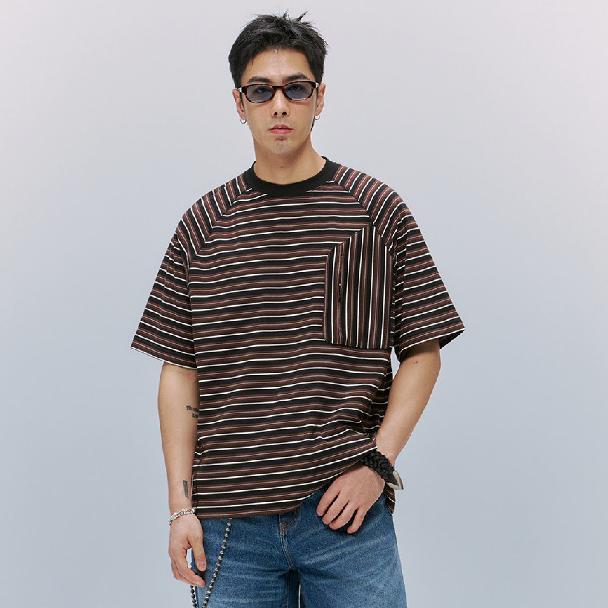 TANOXI Patch Stripe Pocket Tee 拼接條紋 口袋短Tee [TNX-T415]
