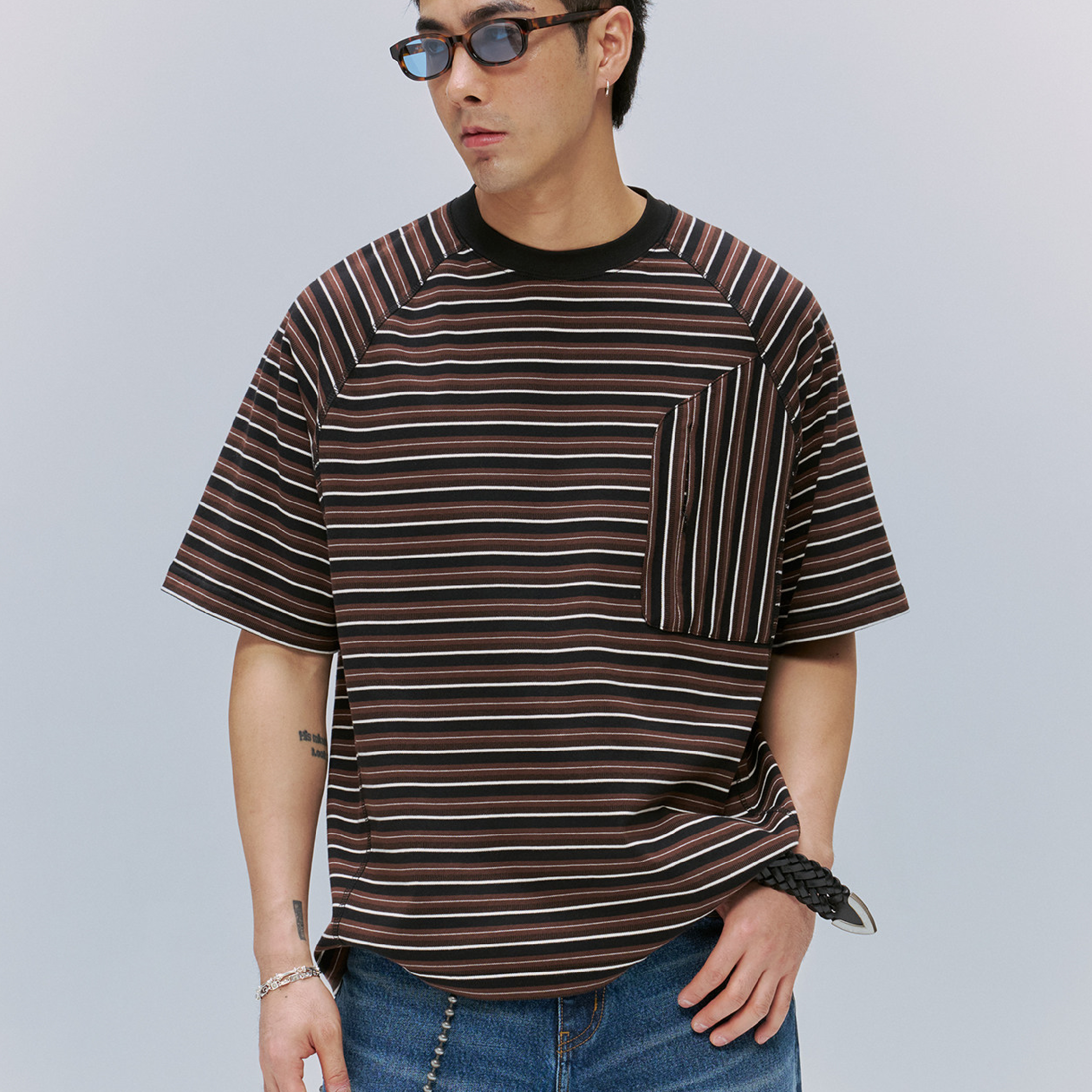 TANOXI Patch Stripe Pocket Tee 拼接條紋 口袋短Tee [TNX-T415]