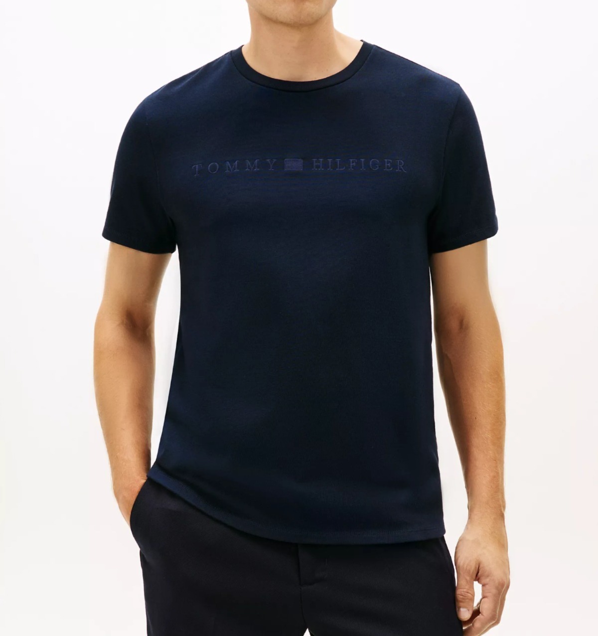 RY68 Tommy 男裝  深藍色暗紋全棉短袖衫