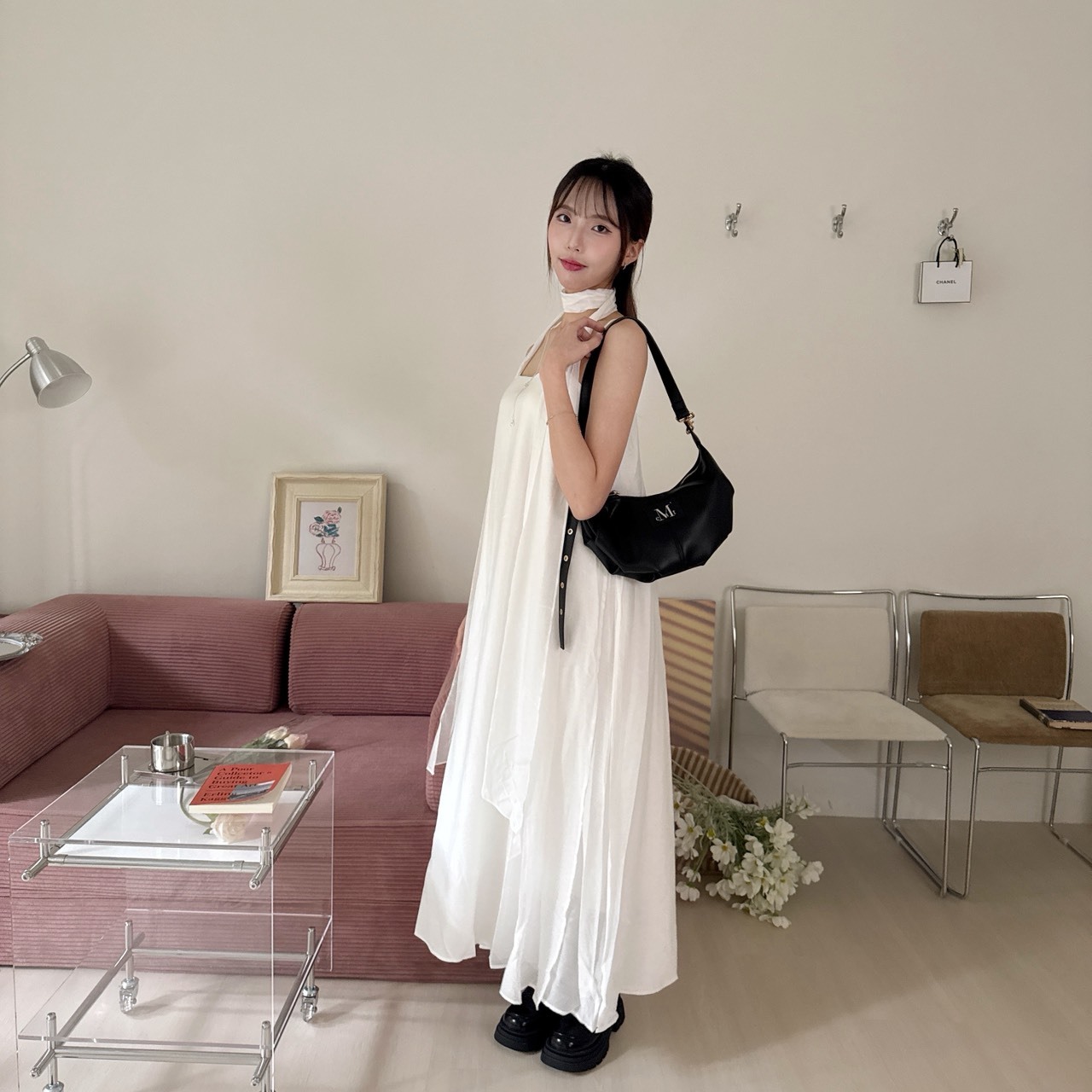 2715韓系綁帶繞脖素色長洋 （Ｒ）