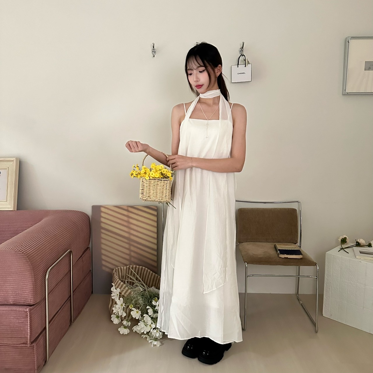 2715韓系綁帶繞脖素色長洋 （Ｒ）