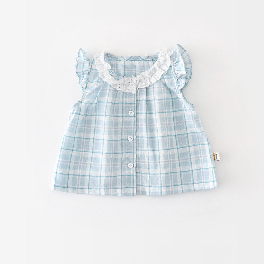 淺藍格飛袖上衣