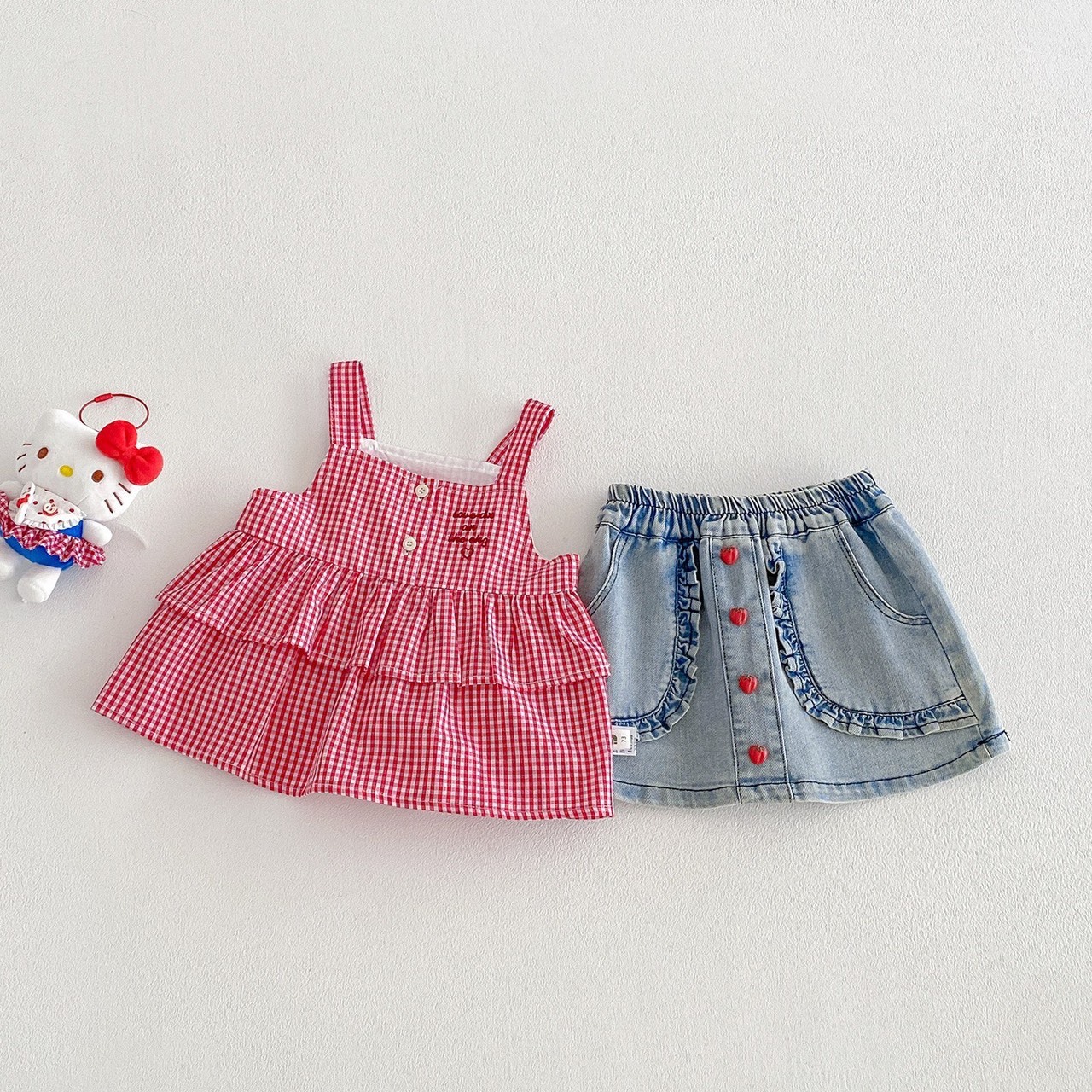 甜美格子吊帶套裝