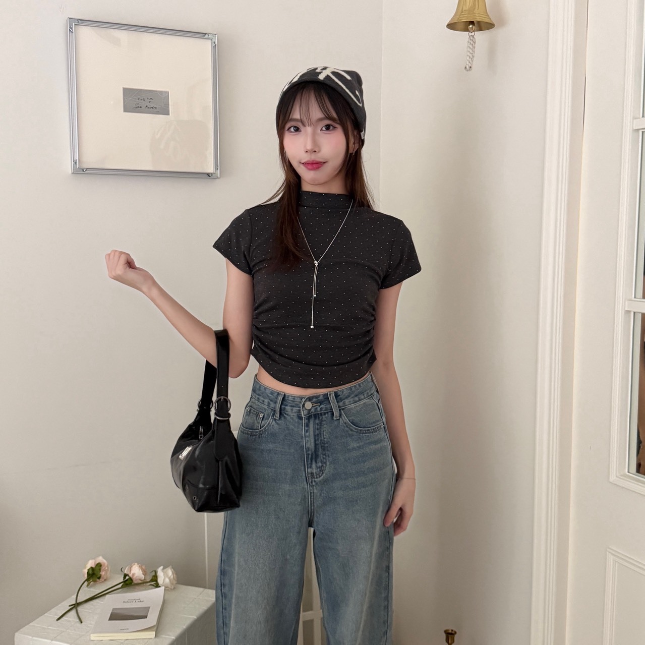 9148 小高領點點抓皺短T (R)