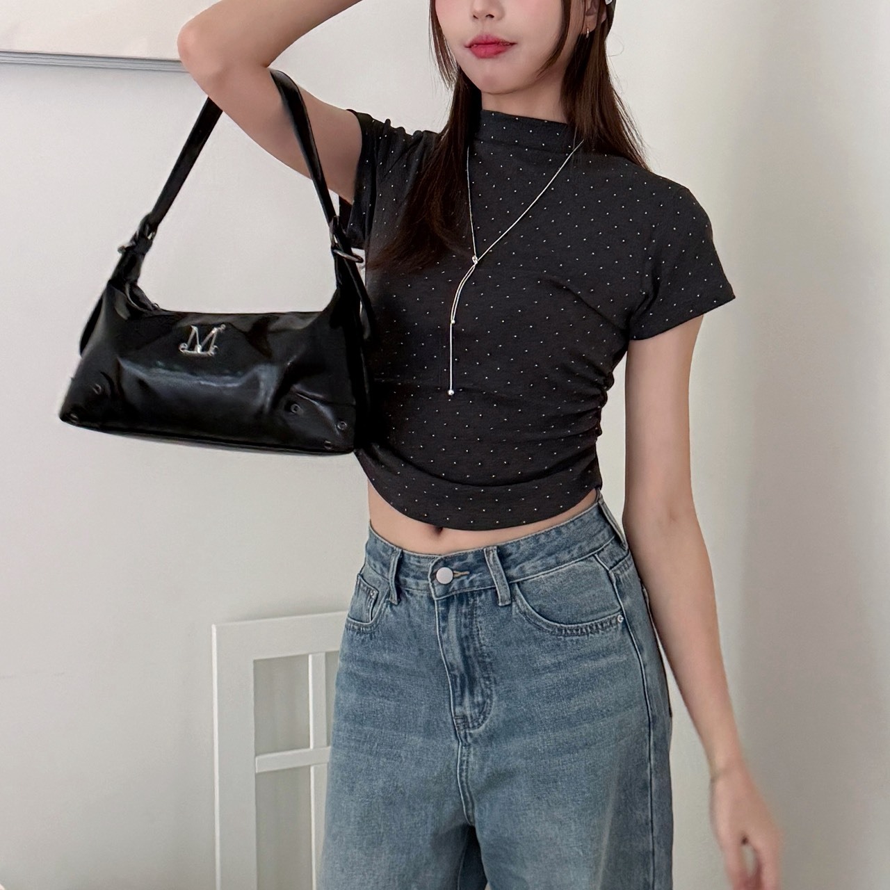 9148 小高領點點抓皺短T (R)