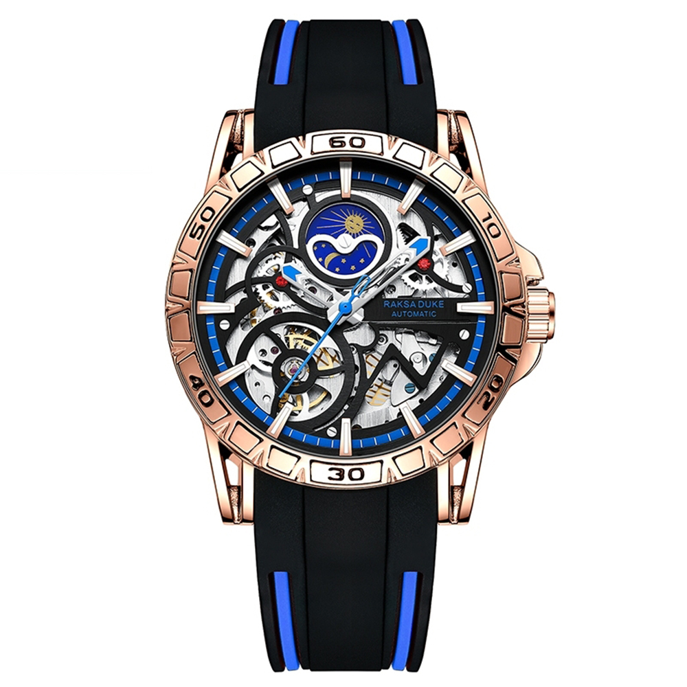 【RAKSA DUKE羅薩公爵】RSD-005 運動風 鏤空 日月星辰 夜光指針刻度 矽膠錶帶 機械 手錶