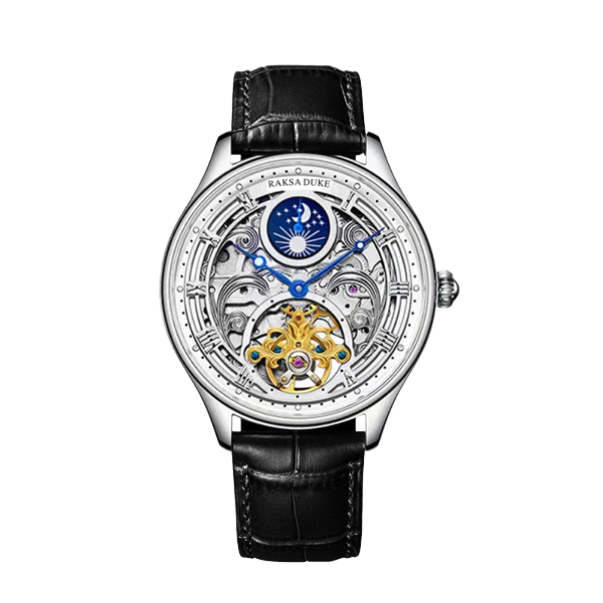 【RAKSA DUKE 羅薩公爵】RSD-037 鏤空 日月星辰 夜光指針 防水30米 真牛皮錶帶  機械 手錶
