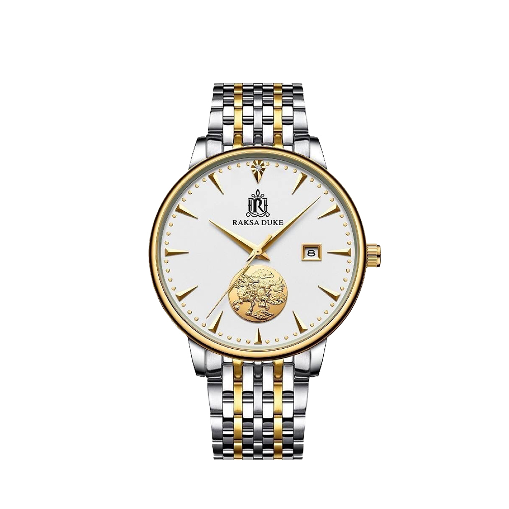 【RAKSA DUKE羅薩公爵】RSD-009 12點鐘單顆真鑽 表面K金 日期顯示 自動上鍊 機械 不鏽鋼帶 手錶