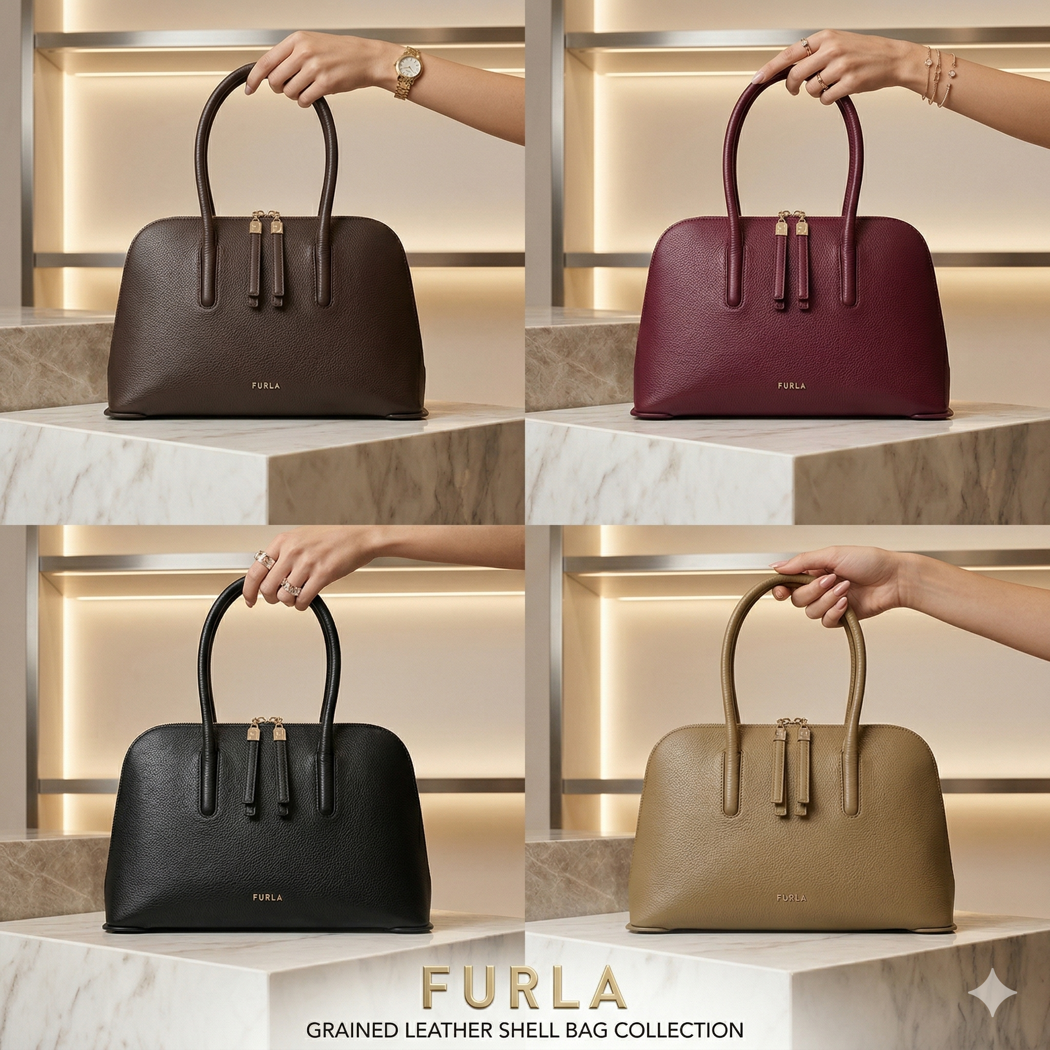 【預購】FURLA H040476 荔枝紋牛皮雙拉鍊手提貝殼包