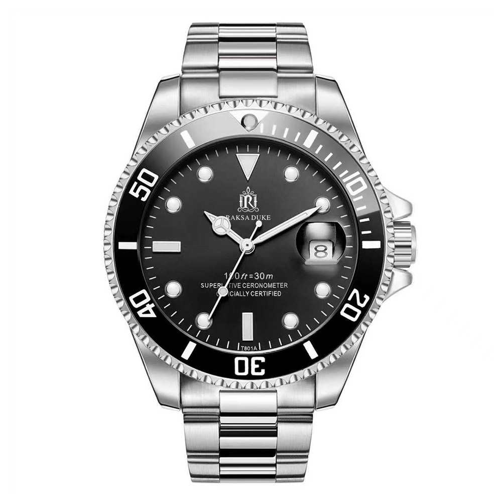 【RAKSA DUKE羅薩公爵】RSD-043 水鬼 陶瓷錶圈 夜光指針刻度 單向旋轉錶圈 日期 不鏽鋼 機械  銀黑 手錶