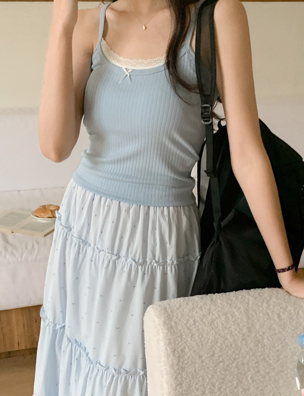 韓國grace muse授權 甜美夏季蝴蝶結蕾絲花邊壓紋背心