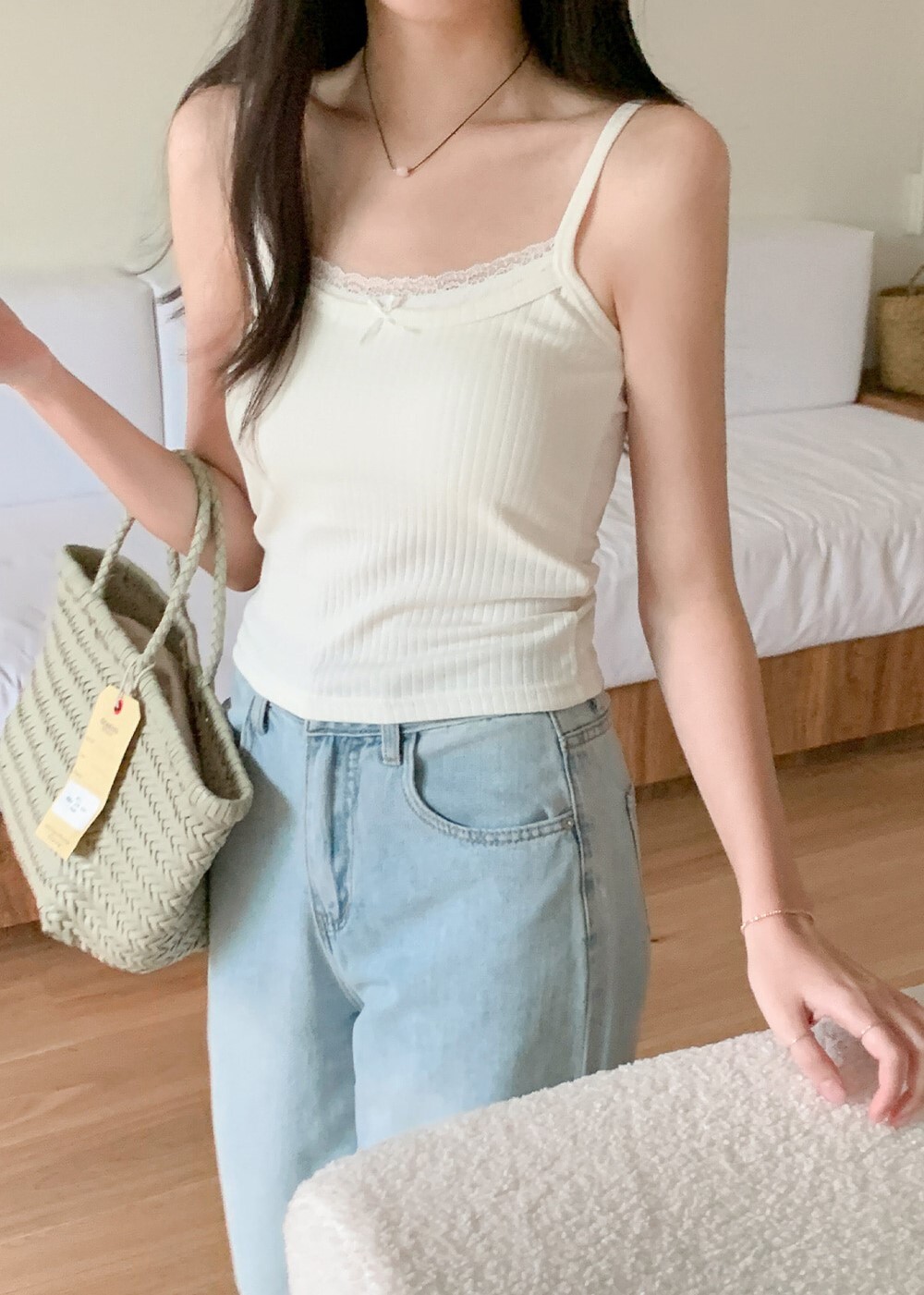 韓國grace muse授權 甜美夏季蝴蝶結蕾絲花邊壓紋背心