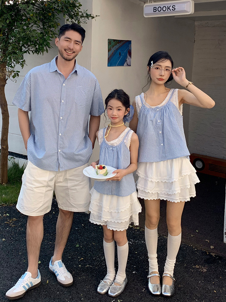 【H0610】Family｜海邊度假拍照格紋蕾絲襯衫/背心套裝(80-3XL)