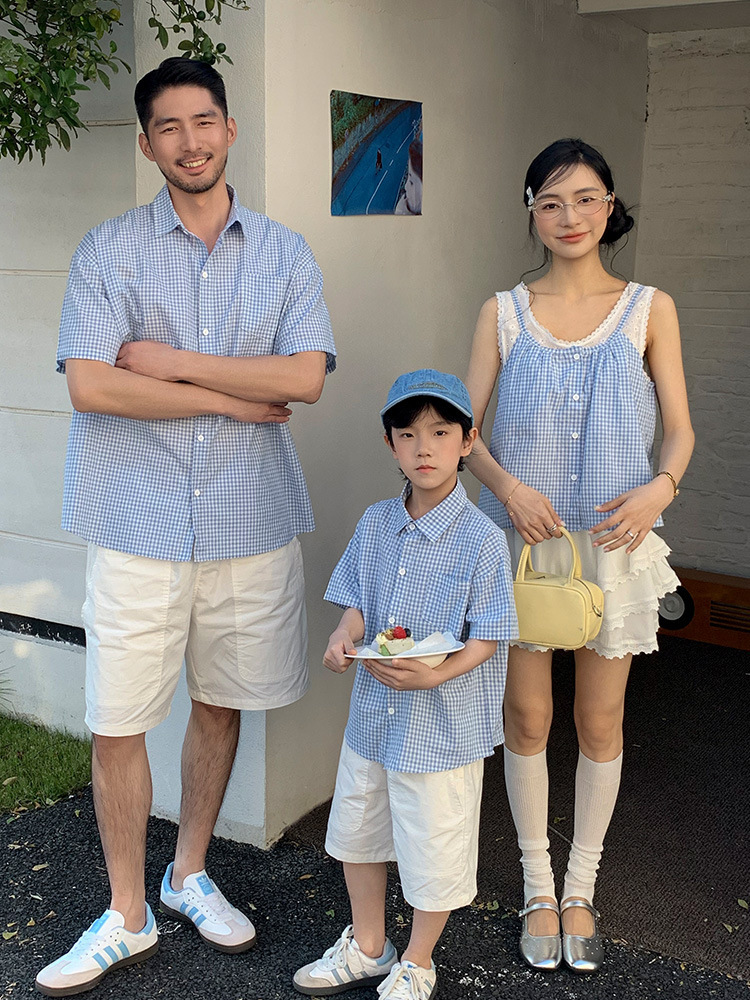 【H0610】Family｜海邊度假拍照格紋蕾絲襯衫/背心套裝(80-3XL)