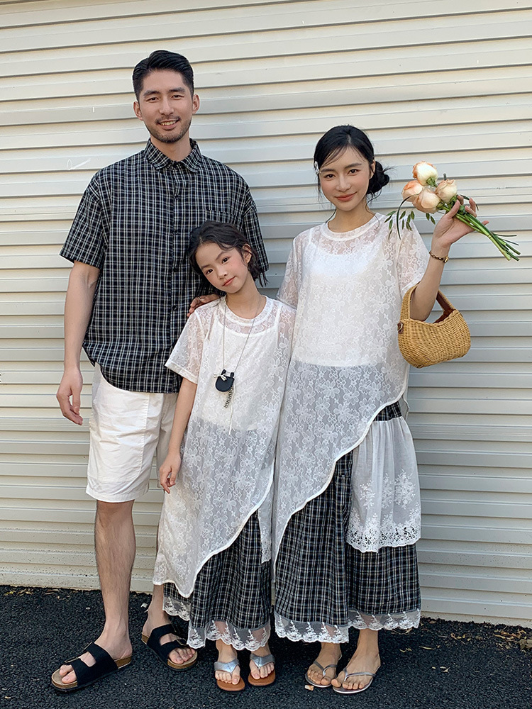【H0611】Family｜小眾日系格子拼接蕾絲襯衫/連身裙(80-3XL)