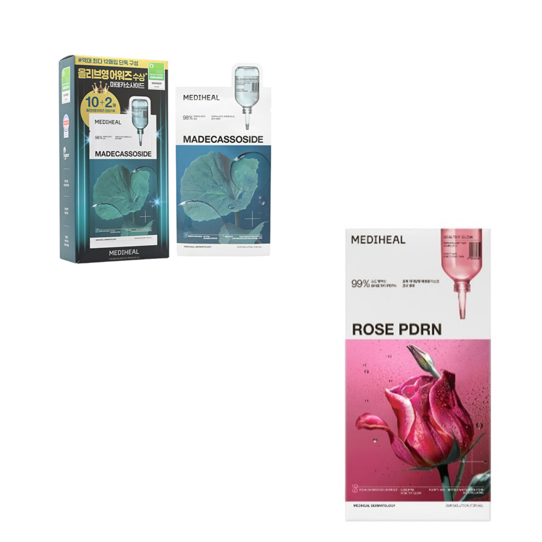 XU001 MEDIHEAL 積雪草舒緩護理導入精華面膜 12PC Exp: 2028.09.30 + 玫瑰PDRN特強修復精華面膜 24MLX10 Exp: 2028.07.31