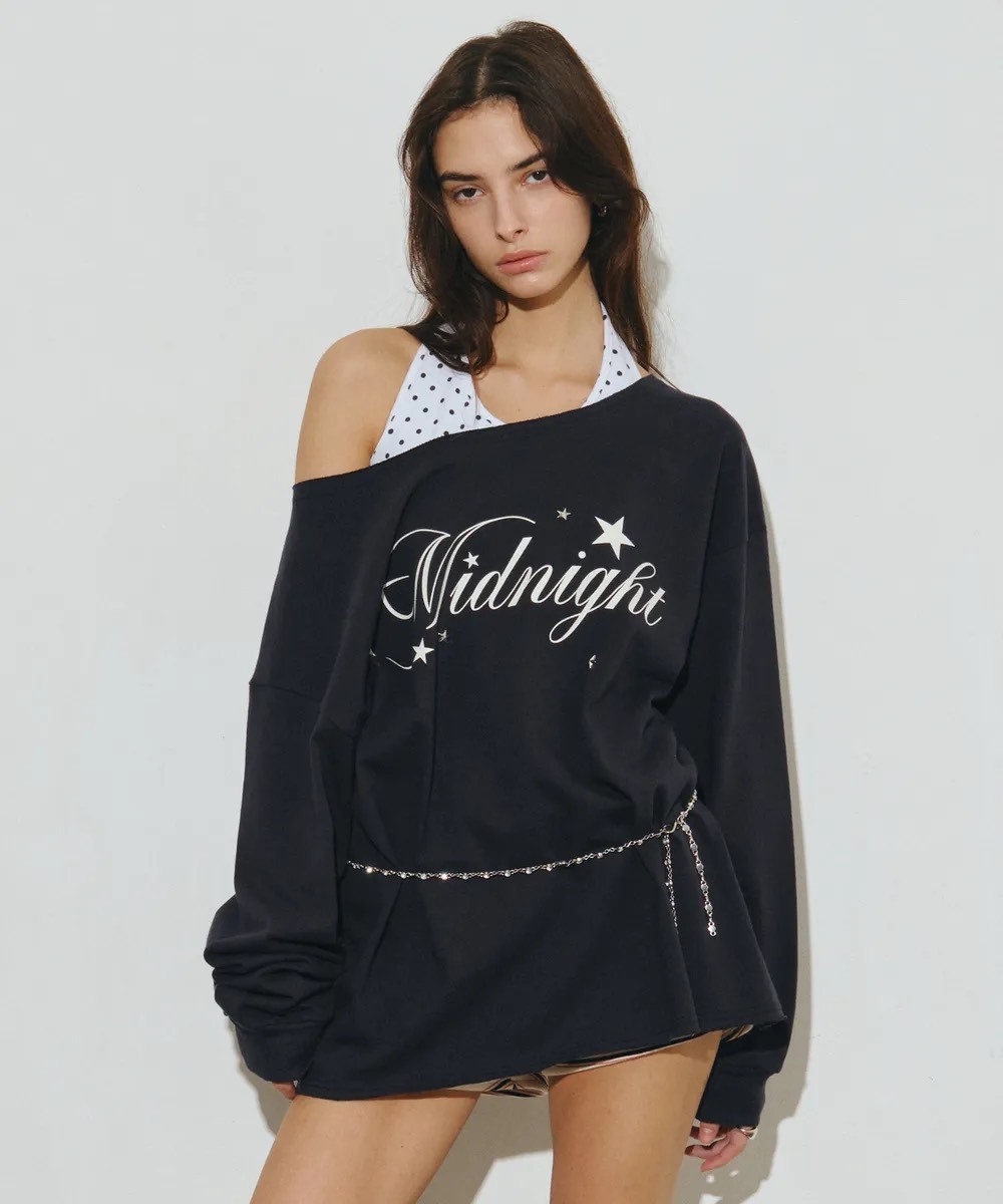 MIDNIGHT MOVE綁帶斜肩上衣