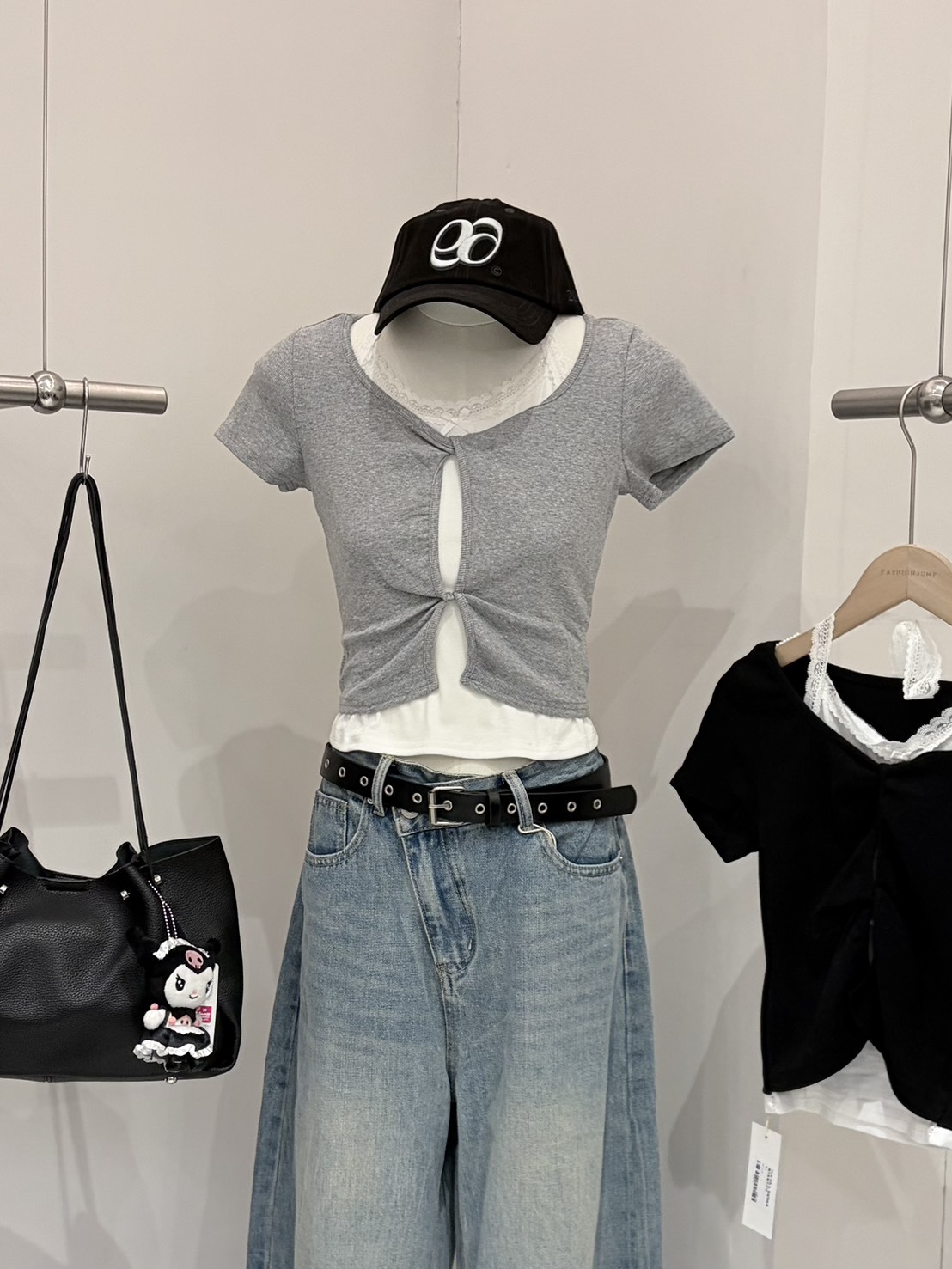 「FOR GIRLS」扭結蕾絲假兩件短袖
