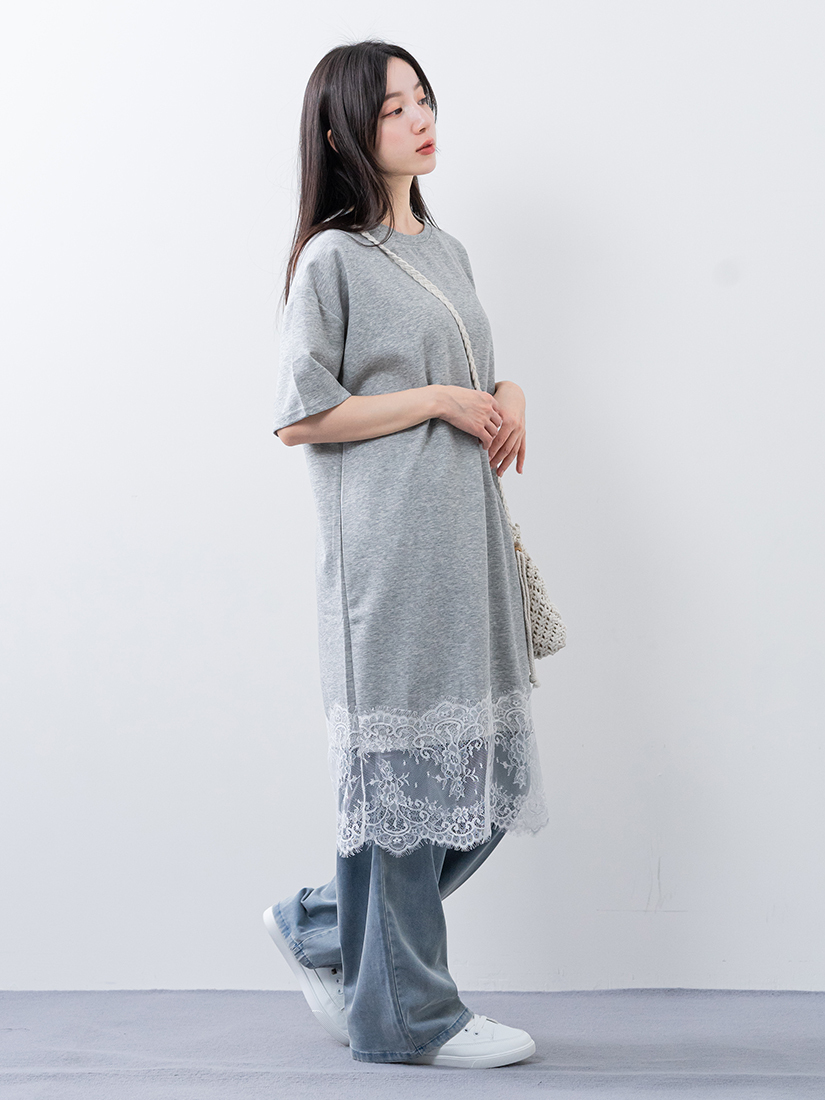 下擺蕾絲剪接連身裙水洗天絲棉打褶寬褲組合