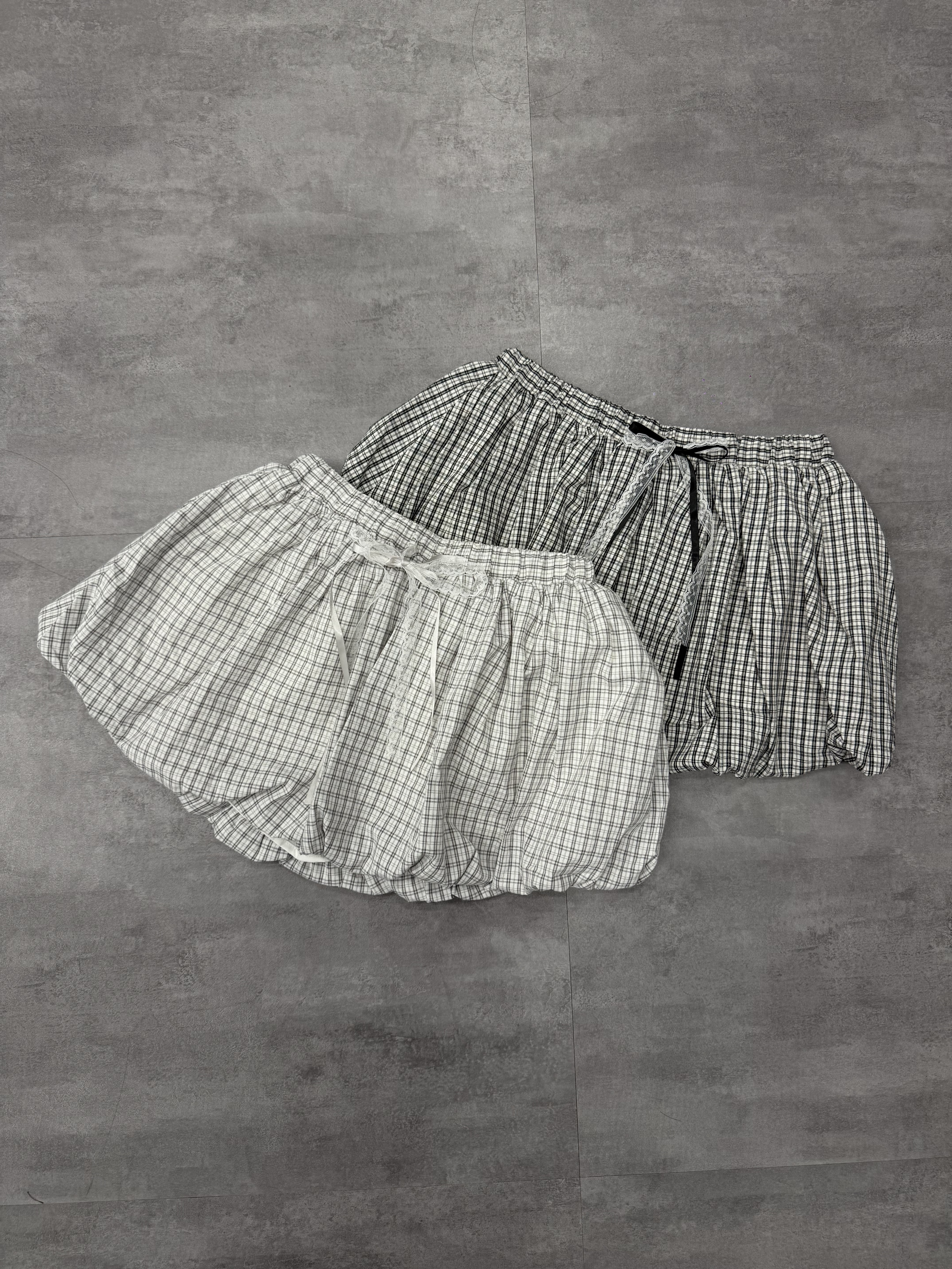 小格紋蓬蓬蕾絲綁帶褲裙