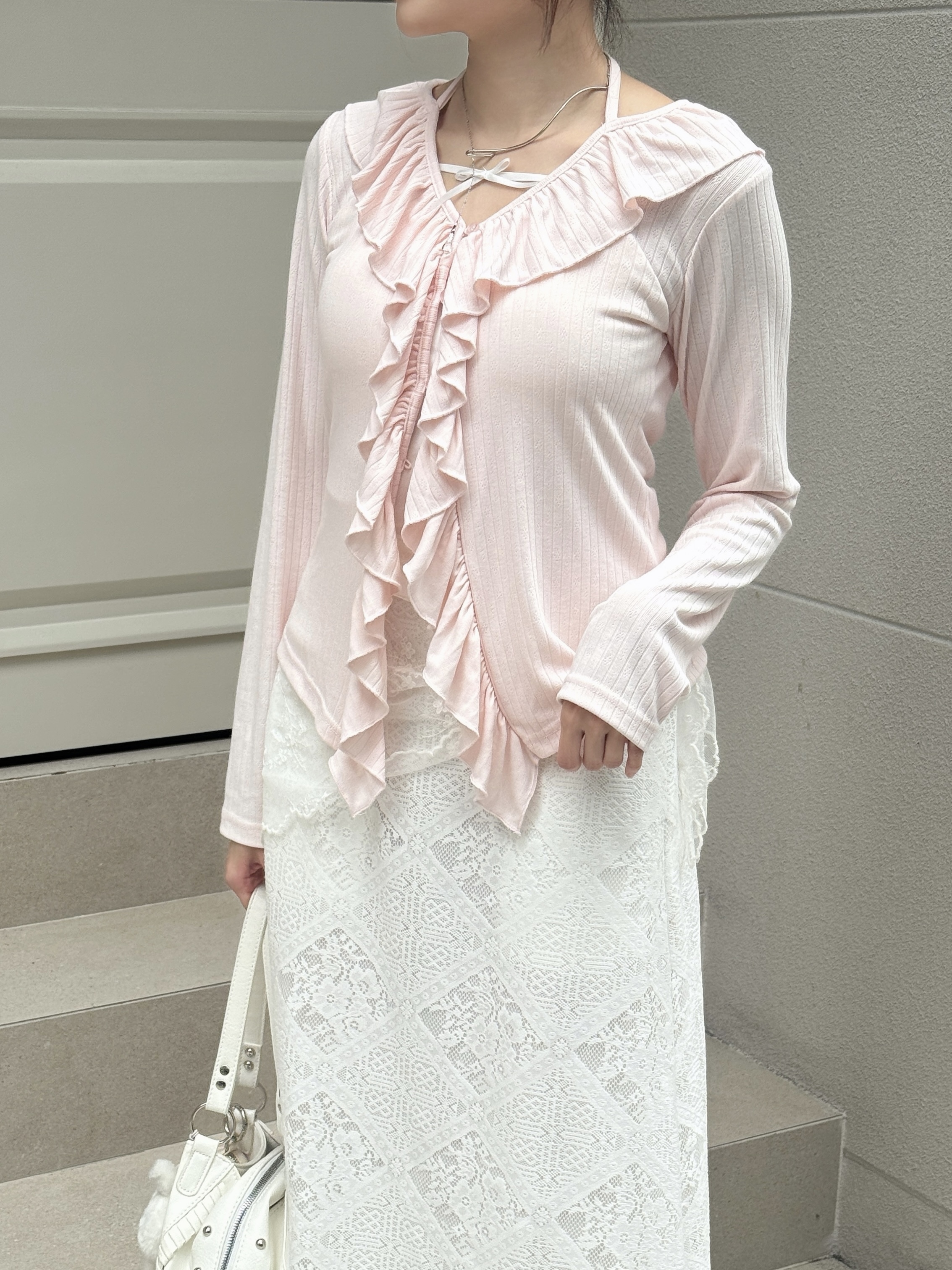 ruffle neck strap cardigan