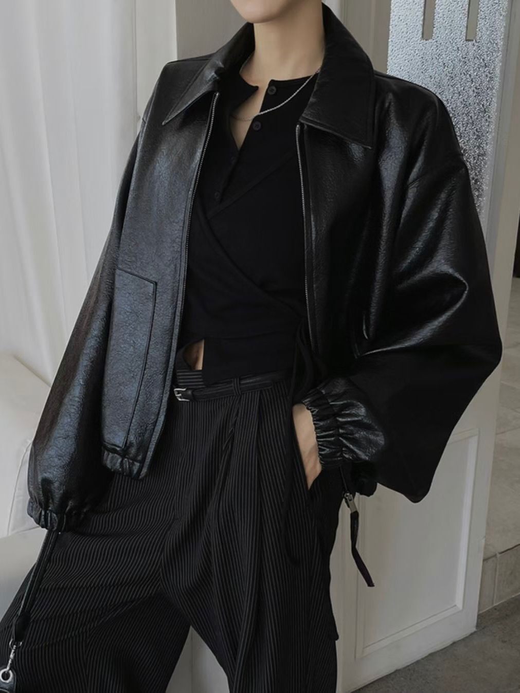 淨色反領合成皮褸 MALENKII-196JK