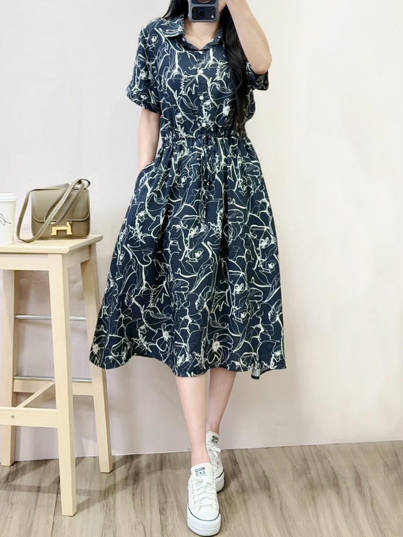 優雅又不失俐落感的印花襯衫洋裝