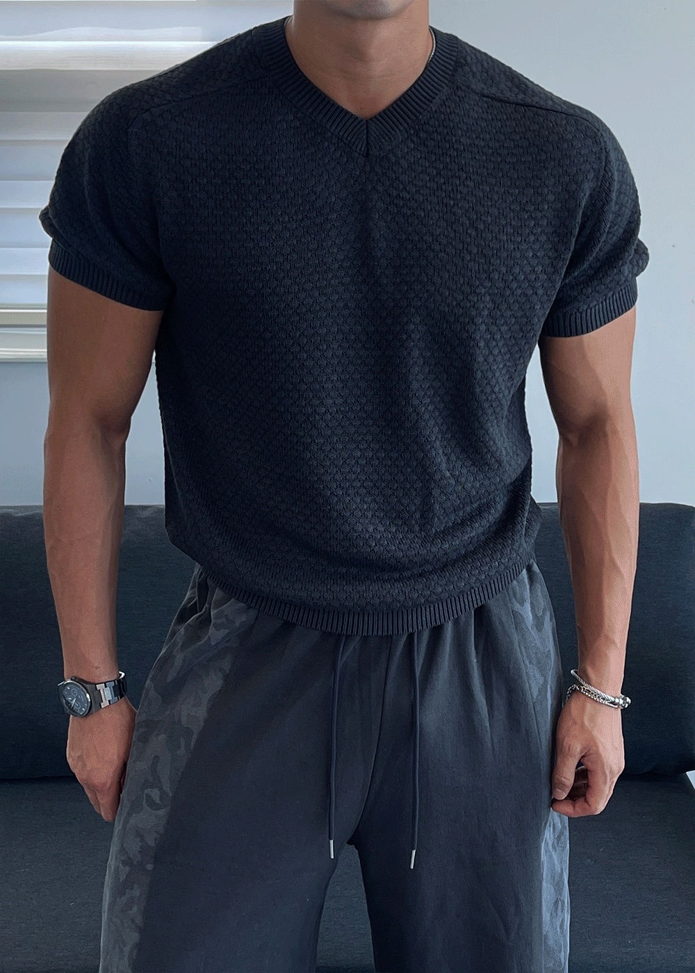 V領馬鞍短袖針織衫