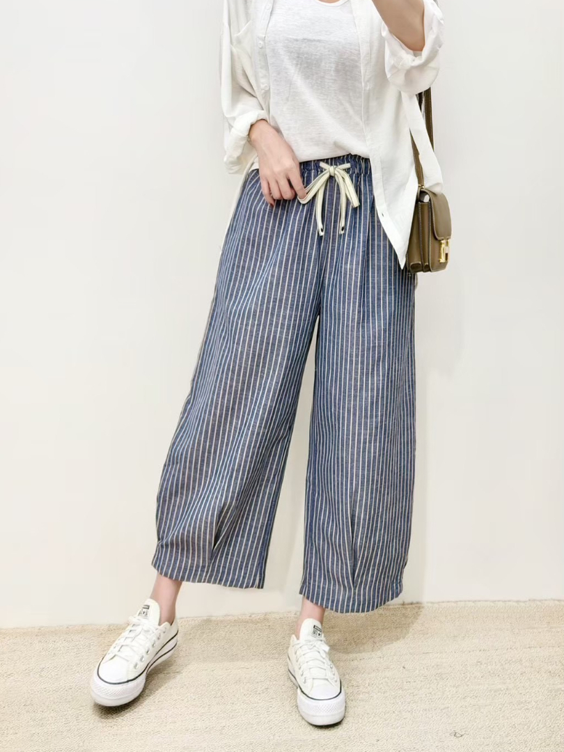 顯瘦九分休閒款★日系直條棉麻寬褲