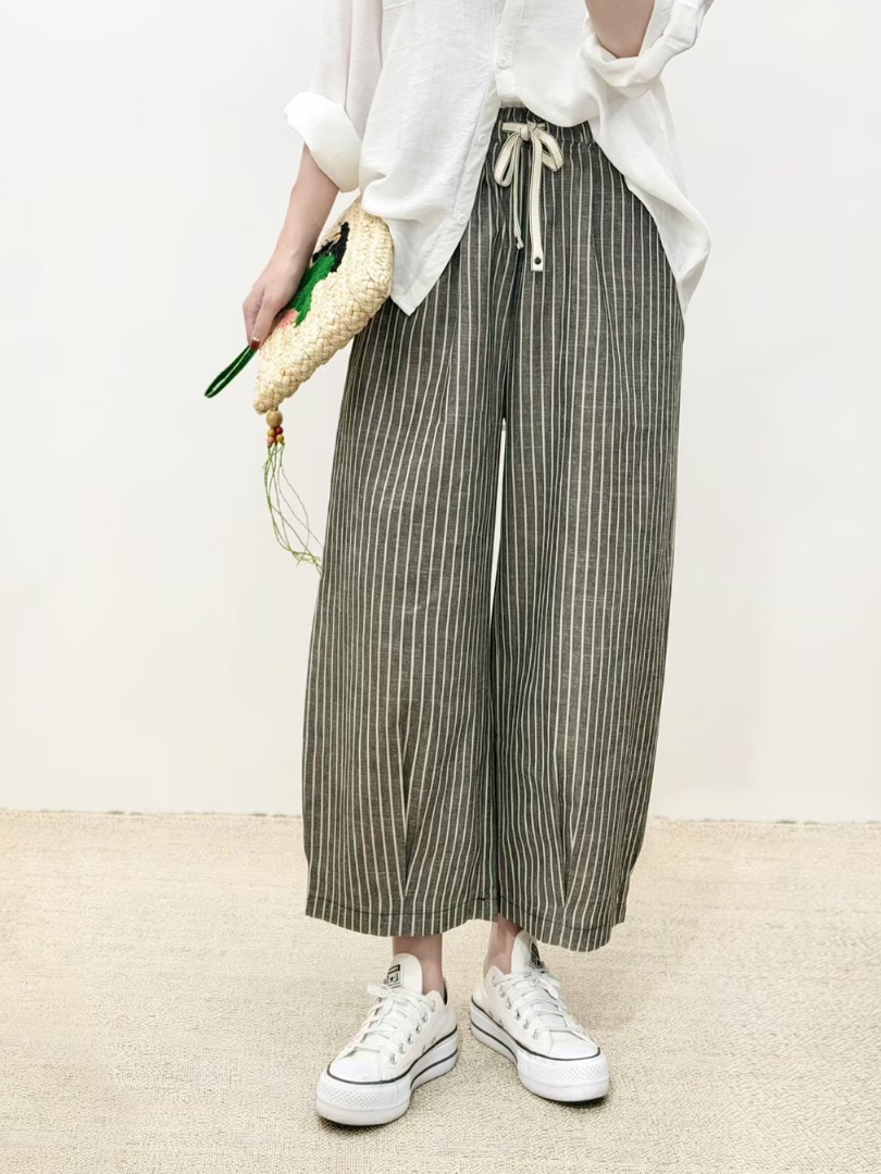 顯瘦九分休閒款★日系直條棉麻寬褲