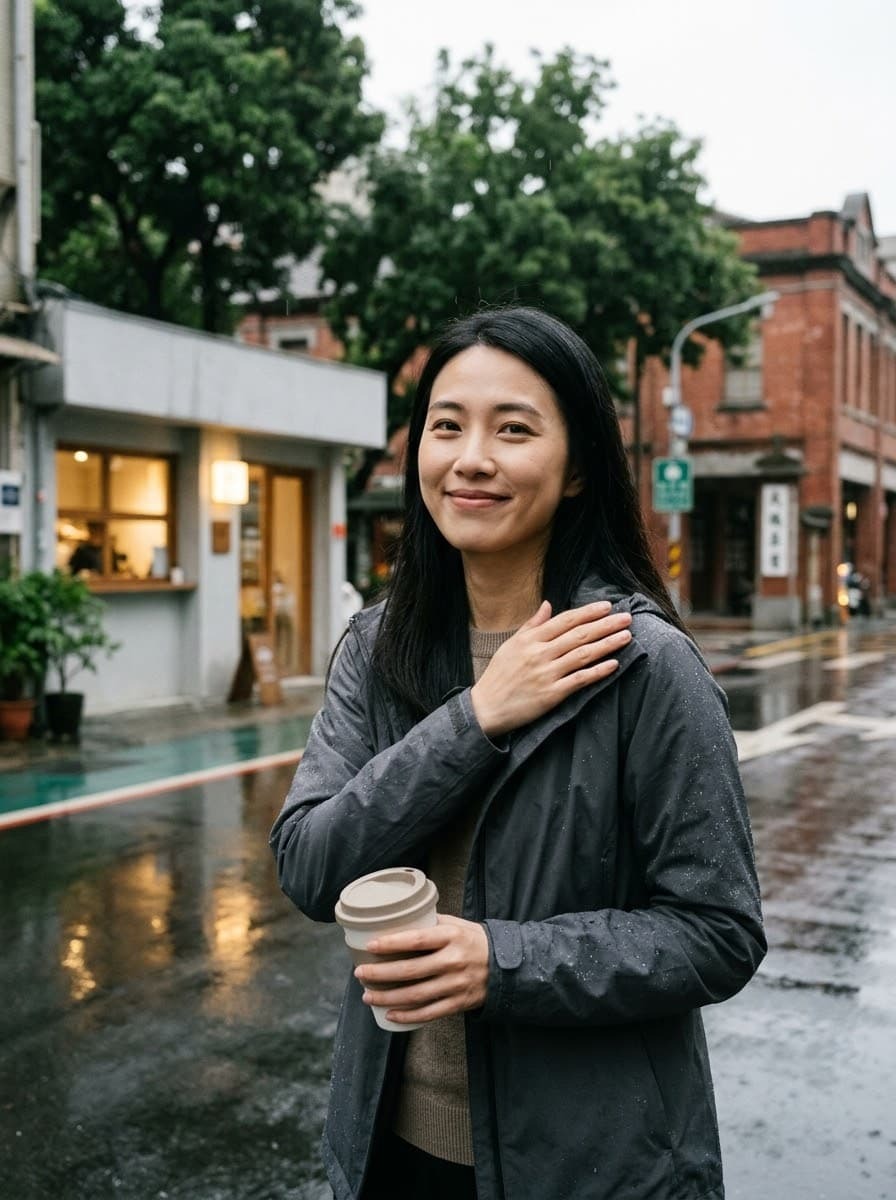 自信微笑黑色長直髮模特兒，漫步於微雨的台灣街頭，