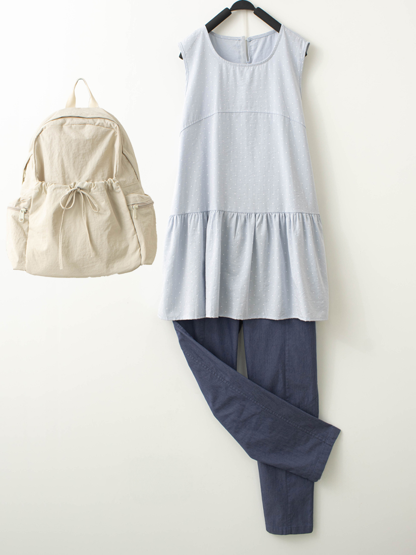 印花下擺上衣貓咪口袋竹節棉九分褲組合