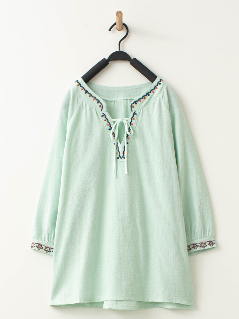 立領綁帶繡花上衣貓咪口袋竹節棉九分褲組合