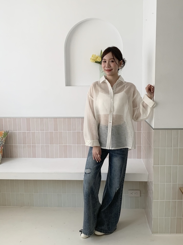 唯美透膚後開叉襯衫