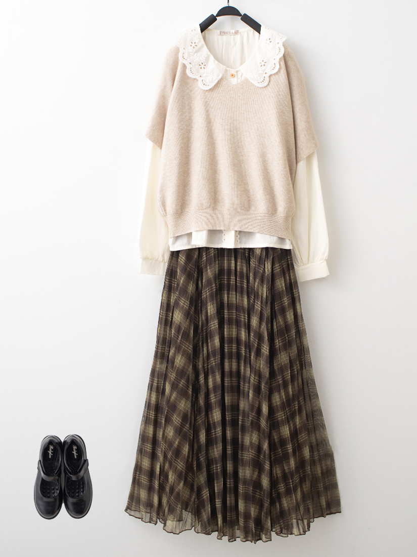 針織七分袖繡花領壓褶襯衫格紋百褶網紗長裙組合