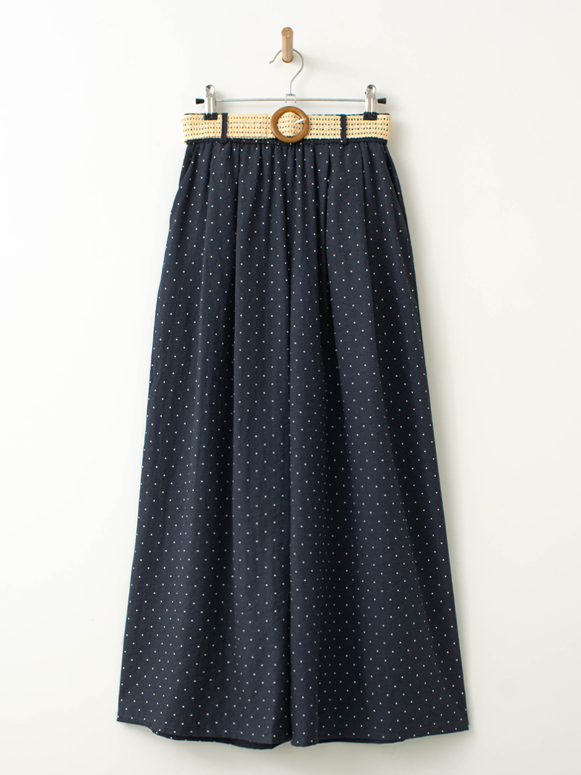 清新棉麻感點點印花九分寬褲(附編織腰帶)