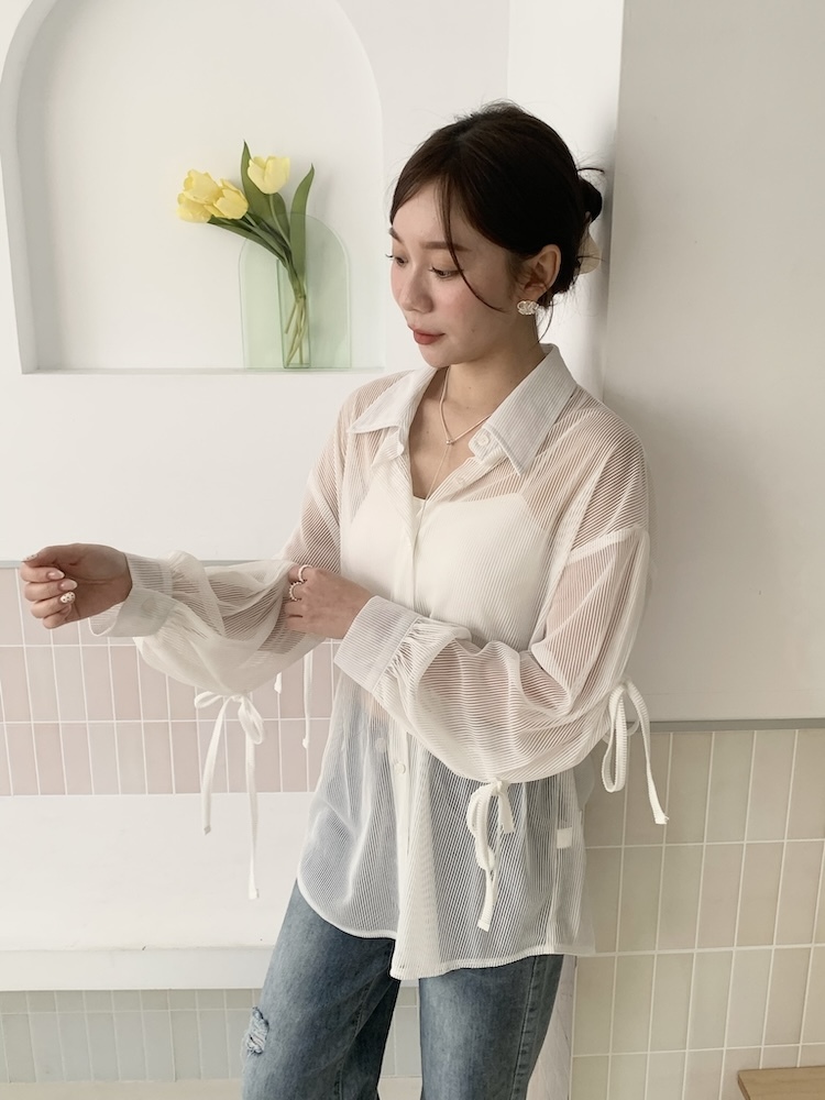 蝴蝶結透膚條紋罩衫