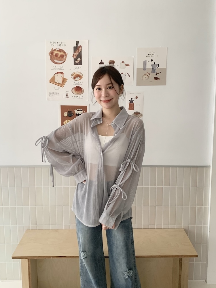 蝴蝶結透膚條紋罩衫