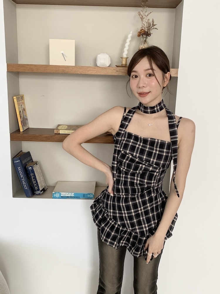 門市熱賣格子繞脖背心
